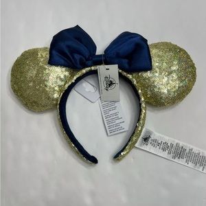 Disney Minnie Mouse Ears Headband Gold Shimmer Sequin Blue Bow Walt Disney World